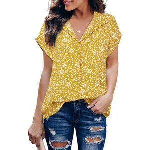Women Yellow Short Sleeve Blouses V Neck Design Business Attire Collared Shirts